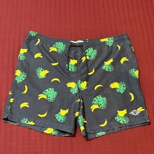 PacSun Men’s Black Swim Trunks with Banana and Leaf Print Size Large